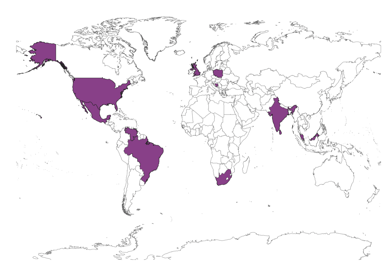 An image of the world showing which countries we had data school participation from in 2021
